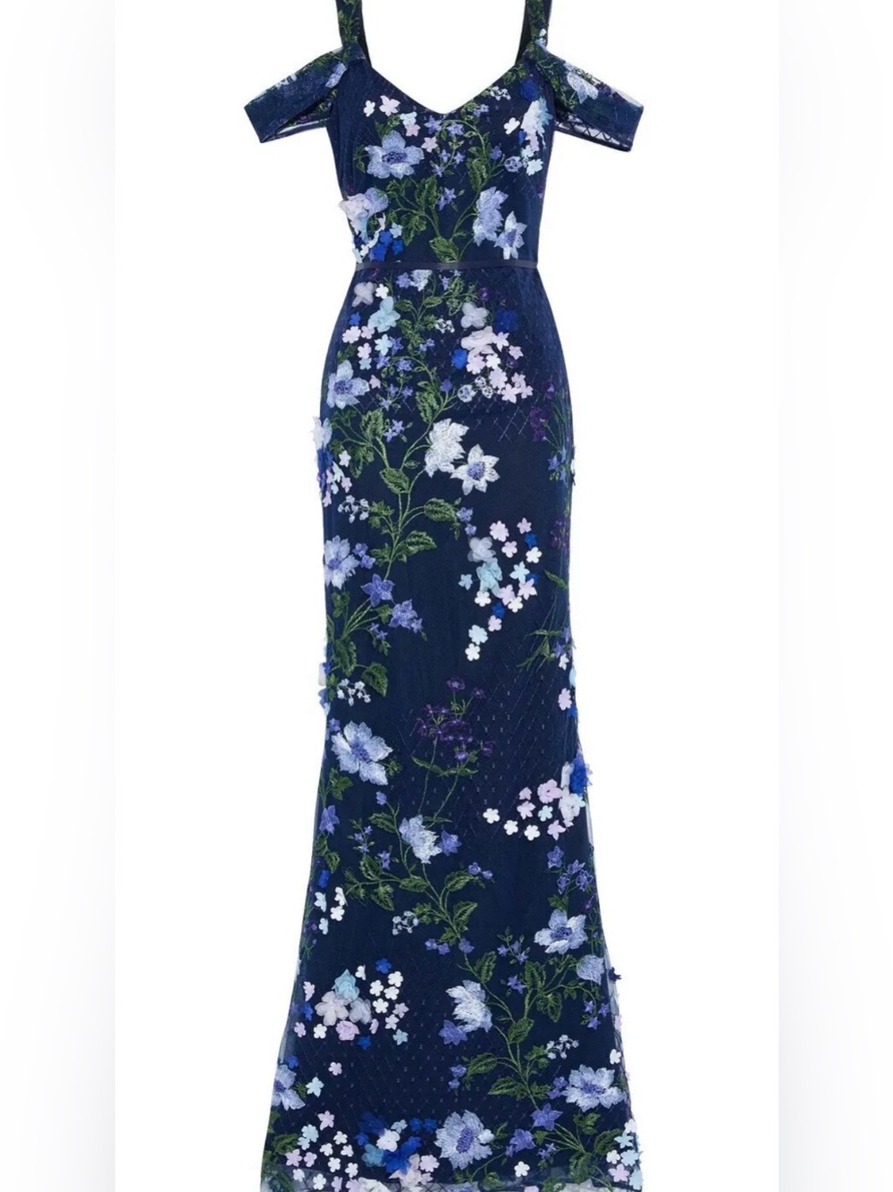 Marchesa Notte Navy Floral Appliqué Embroidered Off Shoulder Tulle Gown Dress 8